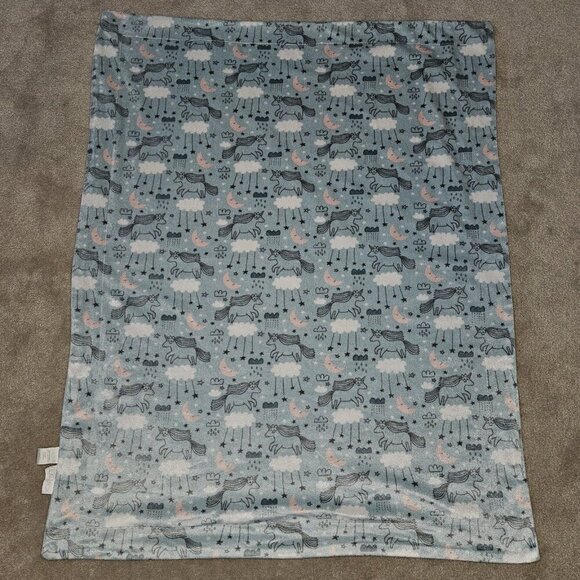 Lila & Jack Baby Blanket Blue Unicorn Cloud Pink White Stripes Reversible 30x38 - Picture 3 of 7